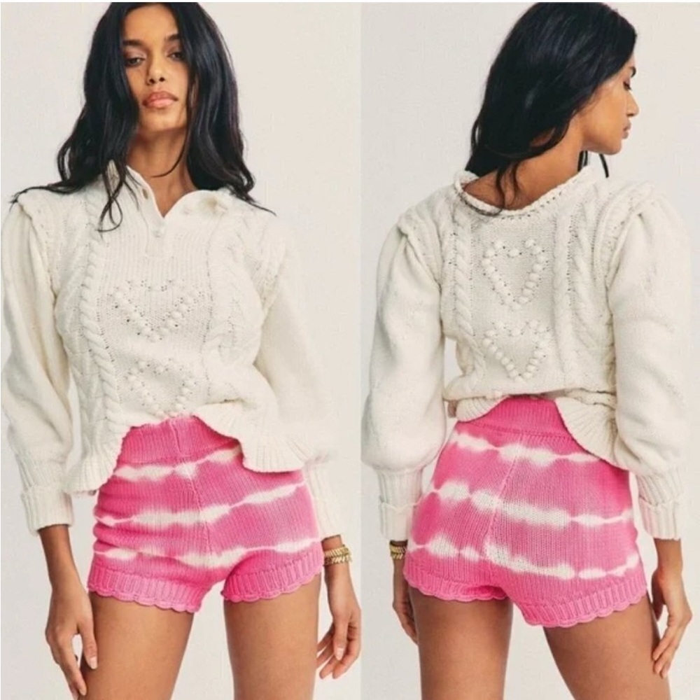Love Shack Fancy NWT Pink Tie Dye Knit Shorts Scallop Hem High Waist M